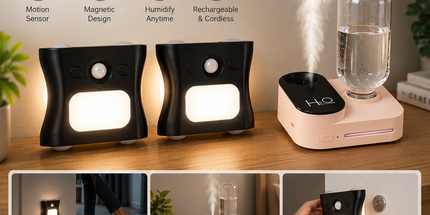 3PCS Smart Home Atmosphere Set – Pink USB Rechargeable Camera Humidifier & 2pcs Black RGB Motion Sensor Wall Light, Magnetic Wireless Night Lamp with Remote Control for Bedroom, Living Room & Office