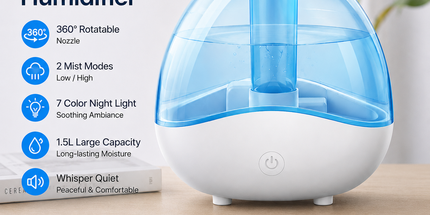Blue 1.5L Ultrasonic Humidifier with 360° Rotating Mist Nozzle, Quiet Aroma Diffuser & 7-Color Night Light, ABS Desktop Air Moisturizer for Bedroom, Office & Home