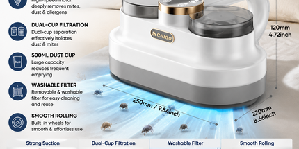 White Handheld Cordless Dust Mite Vacuum Cleaner LED Sanitizing Mattress Cleaner Dual Cup Separation Strong Suction 9000Pa Anti Allergen Home Winter Deep Cleaning Clean Portable