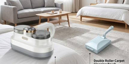 Winter Cleaning Kit White Wireless Dust Mite Vacuum and Blue Double Roller Carpet Brush Combo - UV Light, 500ml Dust Cup, Hot Air Drying, Lightweight PP Carpet Brush for Bed, Sofa and Floor Cleaning