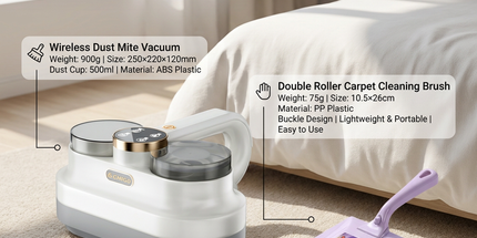 Winter Cleaning Kit White Wireless Dust Mite Vacuum and Purple Double Roller Carpet Brush Combo - UV Light, 500ml Dust Cup, Hot Air Drying, Lightweight PP Carpet Brush for Bed, Sofa and Floor Cleaning