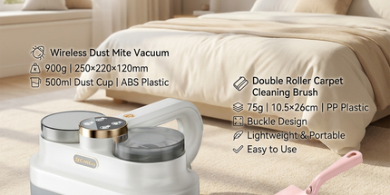 Winter Cleaning Kit White Wireless Dust Mite Vacuum and Pink Double Roller Carpet Brush Combo - UV Light, 500ml Dust Cup, Hot Air Drying, Lightweight PP Carpet Brush for Bed, Sofa and Floor Cleaning