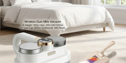 Winter Cleaning Kit White Wireless Dust Mite Vacuum and Beige Double Roller Carpet Brush Combo - UV Light, 500ml Dust Cup, Hot Air Drying, Lightweight PP Carpet Brush for Bed, Sofa and Floor Cleaning