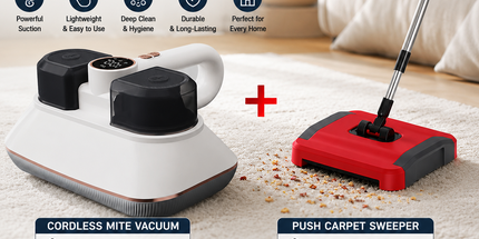 White Wireless Handheld Mite Remover and Red Manual Carpet Sweeper Combo - Dual Cup Strong Suction UV Sterilization High Frequency Tapping Portable Bed Sofa Cleaner with Triple Roller Brush carpet Push Broom for Pet Hair and small fragments