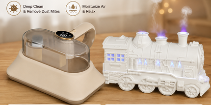 Winter Home Cleaning Comfort Kit - White Retro Train Aromatherapy Humidifier and White Cordless UV Mite Remover Vacuum - 300ml Ultrasonic Mist with Jellyfish Smoke Ring, 400ml Dust Cup, LED Night Light, Remote Control for Bedroom and Bedding Cleaning