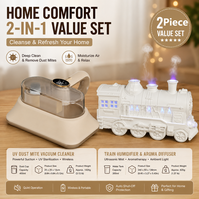 Winter Home Cleaning Comfort Kit - White Retro Train Aromatherapy Humidifier and White Cordless UV Mite Remover Vacuum - 300ml Ultrasonic Mist with Jellyfish Smoke Ring, 400ml Dust Cup, LED Night Light, Remote Control for Bedroom and Bedding Cleaning