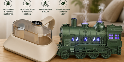 Winter Home Cleaning Comfort Kit - Green Retro Train Aromatherapy Humidifier and White Cordless UV Mite Remover Vacuum - 300ml Ultrasonic Mist with Jellyfish Smoke Ring, 400ml Dust Cup, LED Night Light, Remote Control for Bedroom and Bedding Cleaning