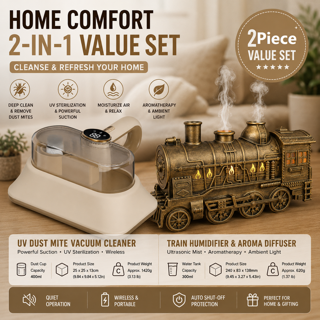 Winter Home Cleaning Comfort Kit - Brass-colored  Retro Train Aromatherapy Humidifier and White Cordless UV Mite Remover Vacuum - 300ml Ultrasonic Mist with Jellyfish Smoke Ring, 400ml Dust Cup, LED Night Light, Remote Control for Bedroom and Bedding Clea