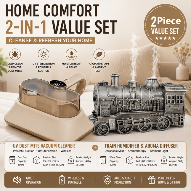 Winter Home Cleaning Comfort Kit - Silvery Retro Train Aromatherapy Humidifier and White Cordless UV Mite Remover Vacuum - 300ml Ultrasonic Mist with Jellyfish Smoke Ring, 400ml Dust Cup, LED Night Light, Remote Control for Bedroom and Bedding Cleaning