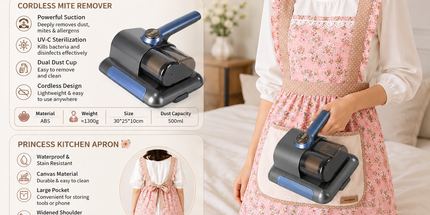 Home Clean Essential 2-piece set -Black Wireless UV Mite Remover Vacuum and Floral Pink Canvas Apron Bundle - 8000rpm Tapping, Washable HEPA Filter, Waterproof Kitchen Bib with Hand Wipe Pocket for Home  and Cooking