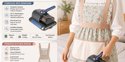Home Clean Essential 2-piece set -Black Wireless UV Mite Remover Vacuum and Floral Green Canvas Apron Bundle - 8000rpm Tapping, Washable HEPA Filter, Waterproof Kitchen Bib with Hand Wipe Pocket for Home  and Cooking