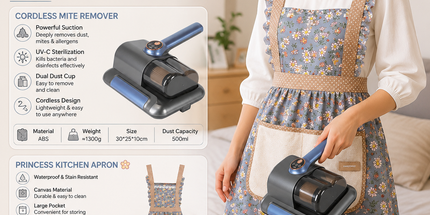 Home Clean Essential 2-piece set -Black Wireless UV Mite Remover Vacuum and Floral Blue Canvas Apron Bundle - 8000rpm Tapping, Washable HEPA Filter, Waterproof Kitchen Bib with Hand Wipe Pocket for Home  and Cooking