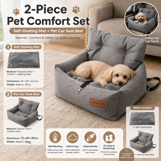 Winter Pet Warmth Bundle - Grey Self Heating Mat 36x50cm & Grey Pet Car Booster Seat 55x40cm Non-Slip Safe Travel Sofa Bed for Small Dogs Cats Indoor Use