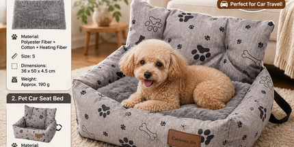 Winter Pet Warmth Bundle - Grey Self Heating Mat 36x50cm & Grey Paw print pattern Pet Car Booster Seat 55x40cm Non-Slip Safe Travel Sofa Bed for Small Dogs Cats Indoor Use