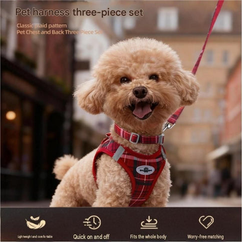 M Size Red Classic Plaid Dog Harness Set- Breathable Mesh Vest and Adjustable Collar,WIith 1.5m Lead for pet, Anti-Pull Design
