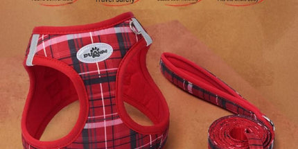 M Size Red Classic Plaid Dog Harness Set- Breathable Mesh Vest and Adjustable Collar,WIith 1.5m Lead for pet, Anti-Pull Design