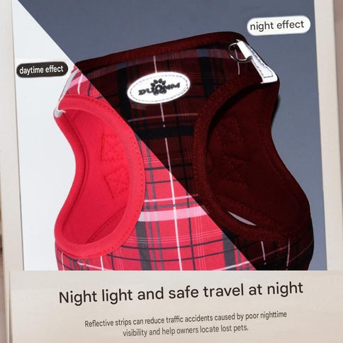 M Size Red Classic Plaid Dog Harness Set- Breathable Mesh Vest and Adjustable Collar,WIith 1.5m Lead for pet, Anti-Pull Design