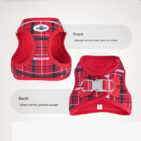 M Size Red Classic Plaid Dog Harness Set- Breathable Mesh Vest and Adjustable Collar,WIith 1.5m Lead for pet, Anti-Pull Design
