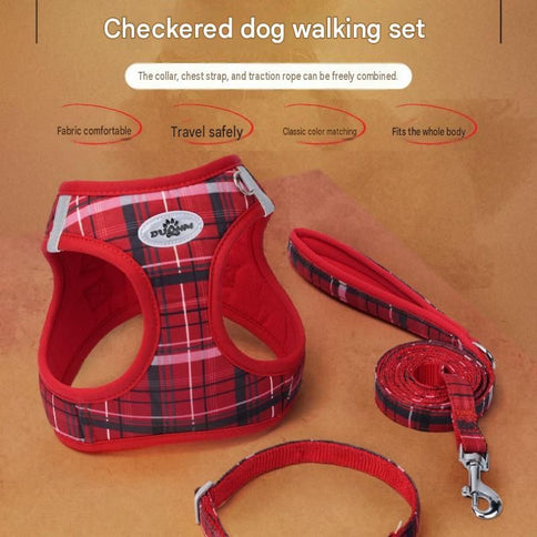 L Size Red Classic Plaid Dog Harness Set- Breathable Mesh Vest and Adjustable Collar,WIith 1.5m Lead for pet, Anti-Pull Design