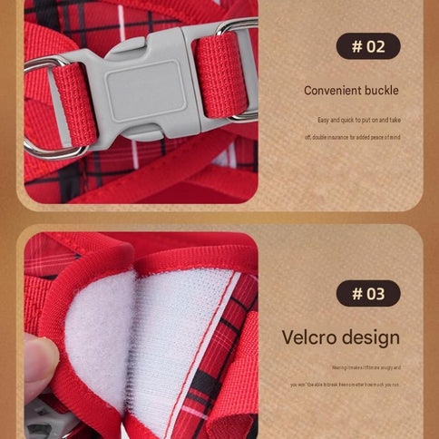 L Size Red Classic Plaid Dog Harness Set- Breathable Mesh Vest and Adjustable Collar,WIith 1.5m Lead for pet, Anti-Pull Design
