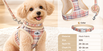 XXS Size Beige Classic Plaid Dog Harness Set- Breathable Mesh Vest and Adjustable Collar,WIith 1.5m Lead for pet, Anti-Pull Design