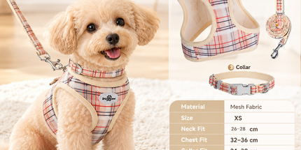 XS Size Beige Classic Plaid Dog Harness Set- Breathable Mesh Vest and Adjustable Collar,WIith 1.5m Lead for pet, Anti-Pull Design