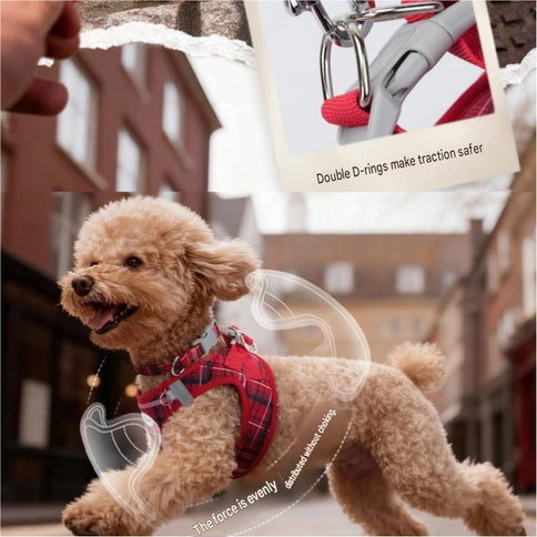 M Size Beige Classic Plaid Dog Harness Set- Breathable Mesh Vest and Adjustable Collar,WIith 1.5m Lead for pet, Anti-Pull Design