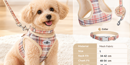 L Size Beige Classic Plaid Dog Harness Set- Breathable Mesh Vest and Adjustable Collar,WIith 1.5m Lead for pet, Anti-Pull Design