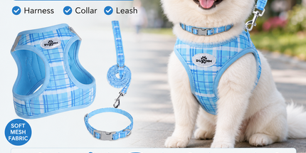XS Size Blue Classic Plaid Dog Harness Set- Breathable Mesh Vest and Adjustable Collar,WIith 1.5m Lead for pet, Anti-Pull Design