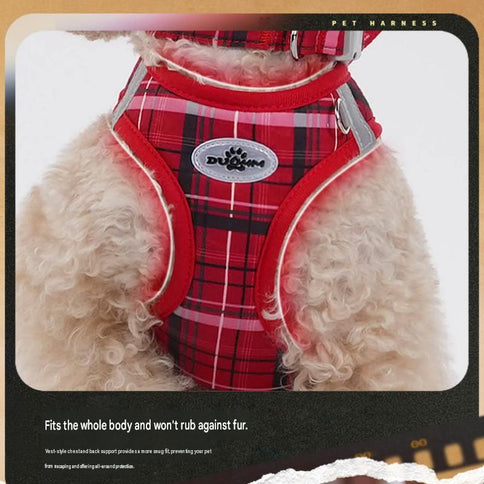 S Size Blue Classic Plaid Dog Harness Set- Breathable Mesh Vest and Adjustable Collar,WIith 1.5m Lead for pet, Anti-Pull Design