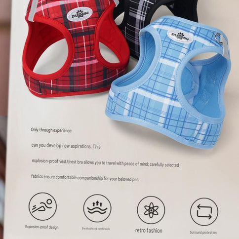 M Size Blue Classic Plaid Dog Harness Set- Breathable Mesh Vest and Adjustable Collar,WIith 1.5m Lead for pet, Anti-Pull Design