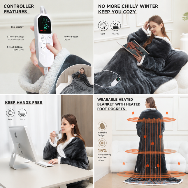 Wearable Electric Heated Blanket with Foot Pocket 127x177cm and Suede Fleece Slippers Set AU 3-4, Winter Warm Home Comfort Bundle