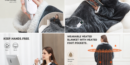 Wearable Electric Heated Blanket with Foot Pocket 127x177cm and Suede Fleece Slippers Set AU 5-6, Winter Warm Home Comfort Bundle