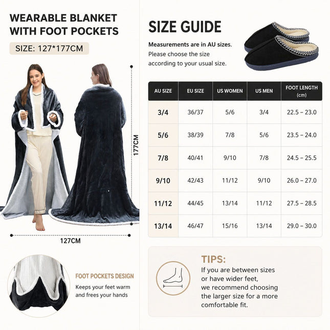 Wearable Electric Heated Blanket with Foot Pocket 127x177cm and Suede Fleece Slippers Set AU 7-8, Winter Warm Home Comfort Bundle