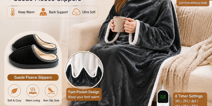 Wearable Electric Heated Blanket with Foot Pocket 127x177cm and Suede Fleece Slippers Set AU 9-10, Winter Warm Home Comfort Bundle