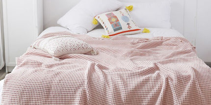 Cotton Waffle Blanket - Pink Textured Throw 200x230cm for Sofa, Office and Travel Use