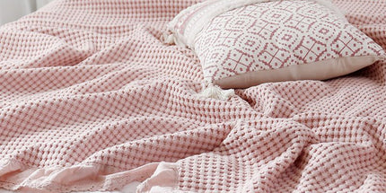 Cotton Waffle Blanket - Pink Textured Throw 200x230cm for Sofa, Office and Travel Use