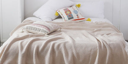 Cotton Waffle Blanket - Beige Textured Throw 200x230cm for Sofa, Office and Travel Use