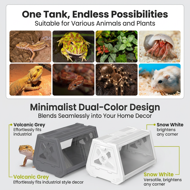 Grey Desktop Reptile Terrarium Enclosure 35X25.5X22cm with Double Door Opening and Ventilation for Small Reptiles, Amphibians and Plants