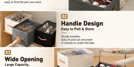 Gray Foldable Shoe Storage Box with Dustproof Clear Top Window, 16 Grid Dividers, Sock Pockets & Handle - Moisture Resistant Oxford Shoe Organizer, Free Installation and Compact for Closet Bedroom Home Storage