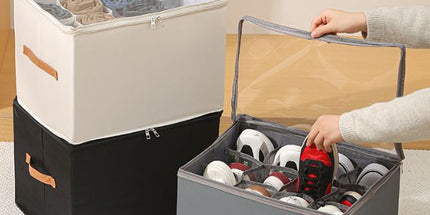 Gray Foldable Shoe Storage Box with Dustproof Clear Top Window, 16 Grid Dividers, Sock Pockets & Handle - Moisture Resistant Oxford Shoe Organizer, Free Installation and Compact for Closet Bedroom Home Storage