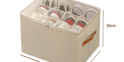 Beige Foldable Shoe Storage Box with Dustproof Clear Top Window, 12 Grid Dividers & Handle - Moisture Resistant Oxford Shoe Organizer, Free Installation and Compact for Closet Bedroom Home Storage