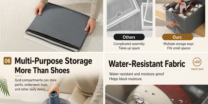 Beige and Coffee Foldable Shoe Storage Box with Dustproof Clear Top Window, 16 Grid Dividers, Sock Pockets & Handle - Moisture Resistant Oxford Shoe Organizer, Free Installation and Compact for Closet Bedroom Home Storage