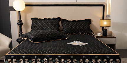 Black and Gold European Soft Brushed Quilted Bed Skirt + 2 Pillowcases Set - Breathable Padded 200 x 220CM Mattress Cover with Lace Trim and 45CM Elevated Valance, All Season Dust Protection