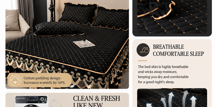 Green and Gold European Soft Brushed Quilted Bed Skirt + 2 Pillowcases Set - Breathable Padded 200 x 220CM Mattress Cover with Lace Trim and 45CM Elevated Valance, All Season Dust Protection