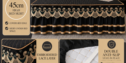 Green and Gold European Soft Brushed Quilted Bed Skirt + 2 Pillowcases Set - Breathable Padded 200 x 220CM Mattress Cover with Lace Trim and 45CM Elevated Valance, All Season Dust Protection