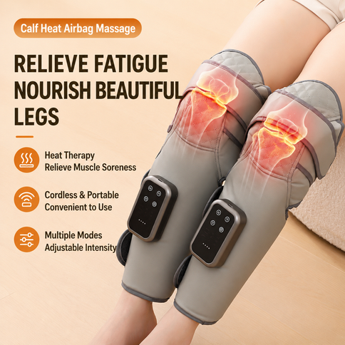 Light Grey Airbag Leg Massager with 3 Intensities and 3 Graphene Heat Modes  - Rechargeable Calf and Knee Extended Wrap, Touch Display, 3 Adjustable Strap for Single Leg Wrap-around Fastening