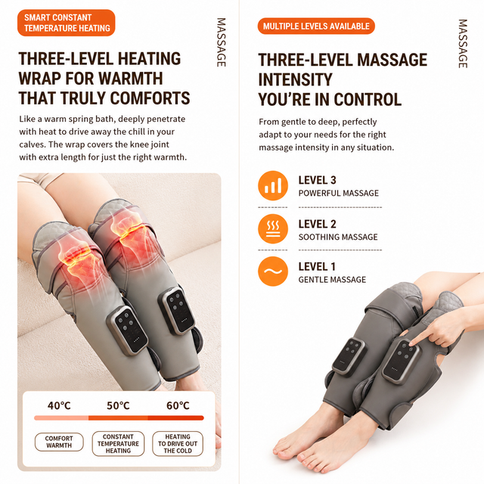 Dark Grey Airbag Leg Massager with 3 Intensities and 3 Graphene Heat Modes  - Rechargeable Calf and Knee Extended Wrap, Touch Display, 3 Adjustable Strap for Single Leg Wrap-around Fastening