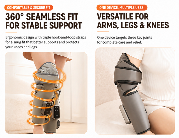 Dark Grey Airbag Leg Massager with 3 Intensities and 3 Graphene Heat Modes  - Rechargeable Calf and Knee Extended Wrap, Touch Display, 3 Adjustable Strap for Single Leg Wrap-around Fastening