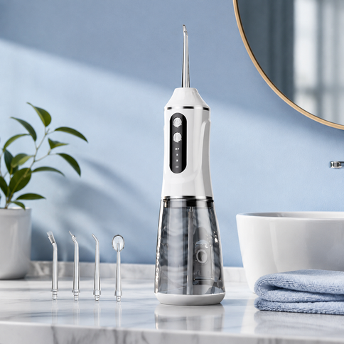 White Rechargeable Water Flosser Oral Irrigator with 3 Pressure Modes & 4 Nozzles - 380ml Detachable Tank, Type-C Charging, 0.6MM Fine Water Flow and 1600 Pulses Per Minute